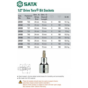 Mata Sok Bit Bintang 24101 1/2” Bit Torx T20 Socket 50 mm Sata Tools