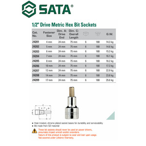 Mata Sok Bit Hex 17 mm 24209 1/2" 50 L Metric Hex Bit Socket Sata Tool