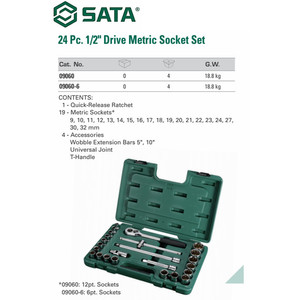 Kunci Shock Mata Sok Metrik 24 Pcs 09060 12PT 1/2" Socket Sata Tools