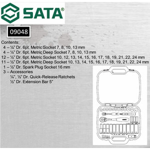 Kunci Shock 35 Pcs Metrik 09048 1/4" & 1/2" 6 PT Socket Set Sata Tools