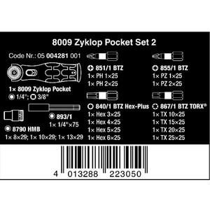 Bit Set Zyklop Pocket Set 2 Wera 05004281001 3/8" Sq x 1/4" Hex 18 Pc