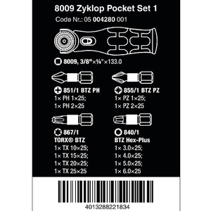 Bit Set Zyklop Pocket Set 1 Wera 05004280001 3/8"Sq x 1/4" Hex 13 Pcs