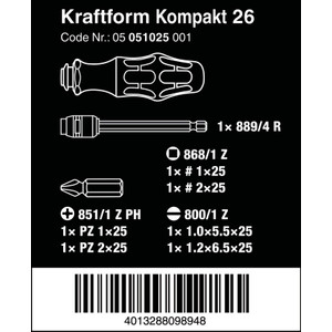 Obeng Bits Set 7 Pc Wera 05051025001 Kraftform Kompakt 26 W/Pouch, 7Pc