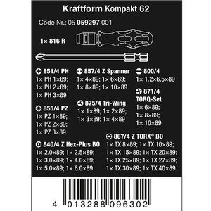 Obeng Bits Set 1/4 inch Wera 05059297001 Kraftform Kompakt 62, 33 Pc