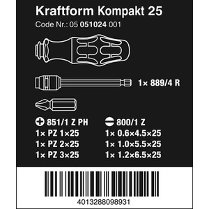 Obeng Bits Set Wera 05051024001 Kraftform Kompakt 25 With Pouch, 7 Pc