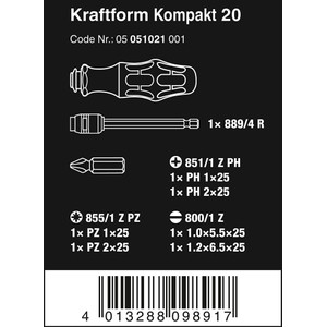 Obeng Bits Set Wera 05051021001 Kraftform Kompakt 20 With Pouch, 7 Pc