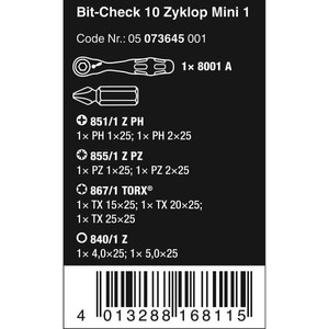 Obeng Bit Ratchet Set Wera 05073645001 Bit-Check 10 Zyklop Mini 1,10Pc
