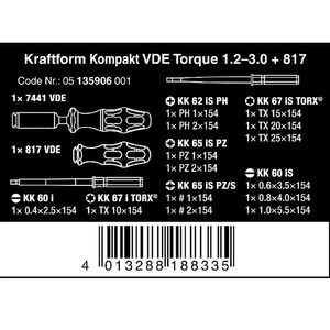 Obeng Torsi VDE Set Wera 05135906001 Torque 1.2-3.0 Nm Extra Slim 16pc