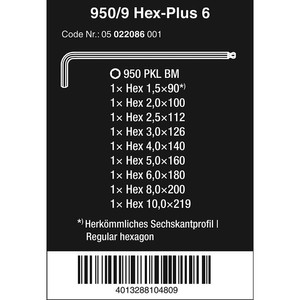 Kunci L Hex-Plus 6 Metric Set Wera 05022086001 Ball Point L-Key , 9 Pc