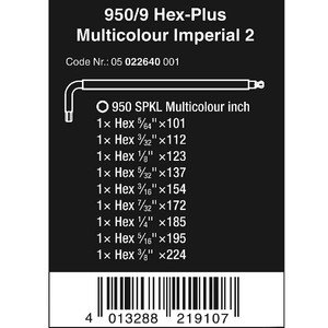 Kunci L Hex-Plus Inch Set 9 Pc 05022640001 Ball Point L-Key Wera