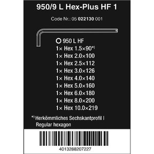 Kunci L Hex-Plus HF Metric Set 9 Pc 05022130001 L-Key Wera