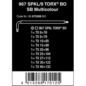 Kunci L Bintang Set BO Wera 05073599001 Ball Point BO TorxL-Key,9 Pc