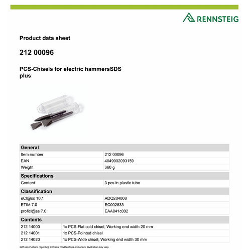 Pahat 3Pc 140mm 212 00096 RENNSTEIG SDSPlus Chisel Set Electric Hammer