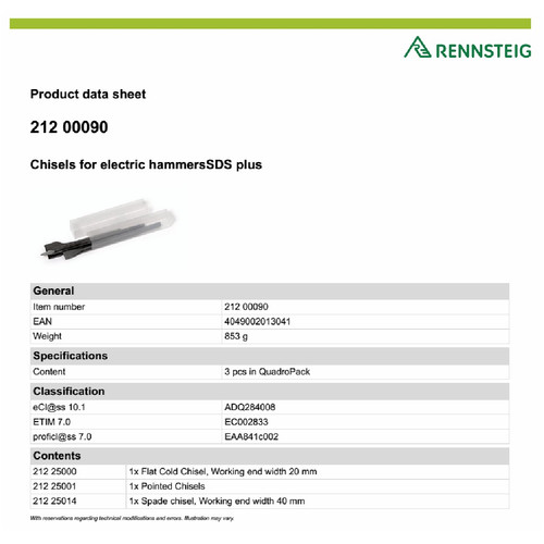 Pahat 3 Pc 212 00090 RENNSTEIG SDS Plus Chisel Sets Electric Hammer