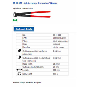 Tang Gegep 300 mm 99 11 300 KNIPEX High Leverage Concreters Nipper