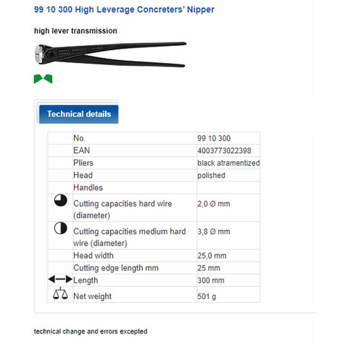 Tang Gegep 300 mm 99 10 300 KNIPEX High Leverage Concretors Nippers