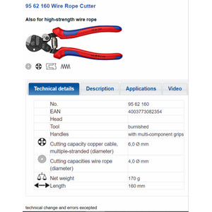 Tang Potong 95 62 160 KNIPEX High-Strength Wire Rope Cutter