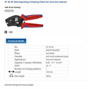 Tang Crimping 97 53 09 KNIPEX Self-Adjust Insulation Crimping