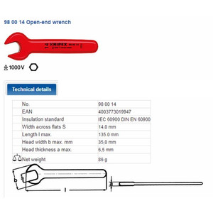Kunci Pas Listrik 14 mm VDE 98 00 14 KNIPEX Open Jaw Wrenches