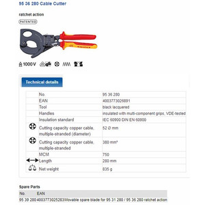 Tang Potong Kabel 95 36 280 KNIPEX Cable Cutter Ratchet Action