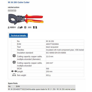 Tang Potong Kabel 95 36 250 KNIPEX Cable Cutter