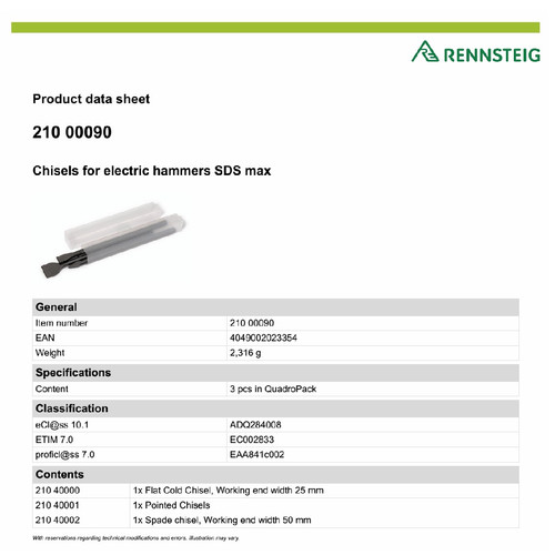 Pahat 3 Pc 210 00090 RENNSTEIG SDS-Max Chisel Sets For Electric Hammer