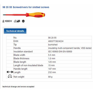 Obeng Minus VDE 5.5 X 125 mm 98 20 55 KNIPEX Slotted Screwdrivers