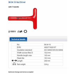 Kunci T-Sok 10 mm Listrik VDE 98 04 10 KNIPEX T-Socket Wrenches