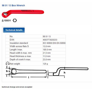 Kunci Ring Listrik 13 mm VDE 98 01 13 KNIPEX Ring Wrenches, Cranked