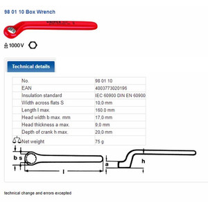 Kunci Ring Listrik 10 mm VDE 98 01 10 KNIPEX Ring Wrenches, Cranked