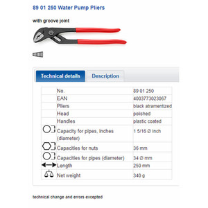 Tang Kunci Pipa 250 mm 89 01 250 KNIPEX Water Pump Pliers