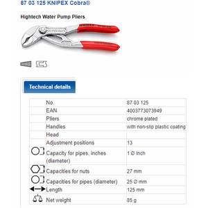 Tang Kunci Pipa 125 mm 87 03 125 KNIPEX Cobra Water Pump Pliers