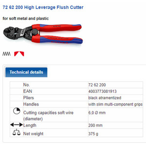 Tang Potong 72 62 200 KNIPEX High Leverage Flush Cutter