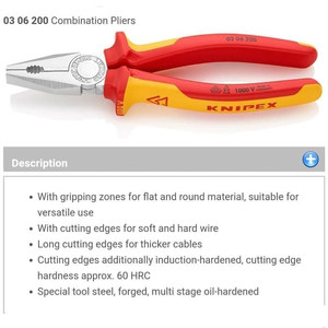 Tang Kombinasi Listrik 200 mm 03 06 200 KNIPEX Combination VDE Pliers
