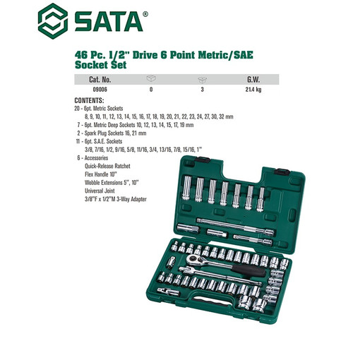Kunci Shock 46 Pcs Metrik & Inci 1/2" 09006 Socket Set Sata Tools