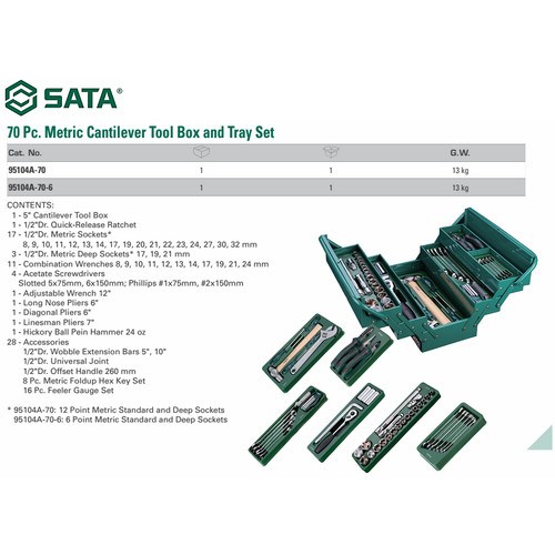 Tool Box Beserta Isinya 70 Pcs - 12/6 Point Metric 95104A-70 SATA TOOL