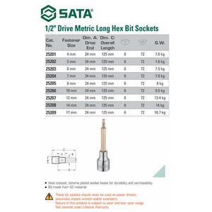 Mata Sok Bit Hex 6 mm 25203 1/2" 100 L Metric Hex Bit Socket Sata Tool