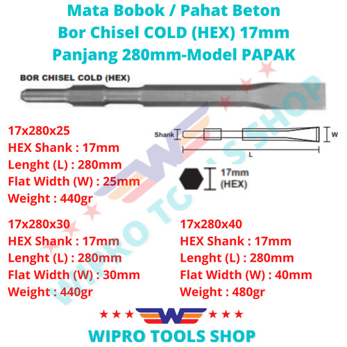 Mata Bobok/Pahat Beton/Bor Chisel COLD (HEX) 17mm x 280mm Model PAPAK
