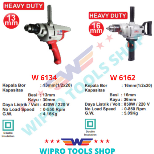 WIPRO Mesin Bor Tangan / Bor Listrik HEAVY DUTY 13mm W6134B, 16m W6162