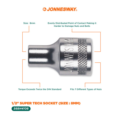 Jonnesway 1/2" SUPER TECH SOCKET (SIZE : 8MM)-S68H4108
