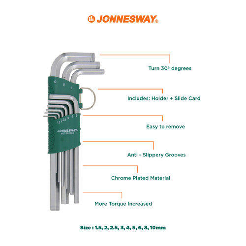 Jonnesway 9 Pcs Kunci L Set Long Arm Hexagonal - H02SM109S