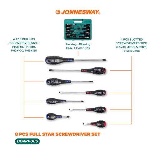 Jonnesway 8 Pcs Set Obeng Full Star Screwdriver Set - D04PP08S