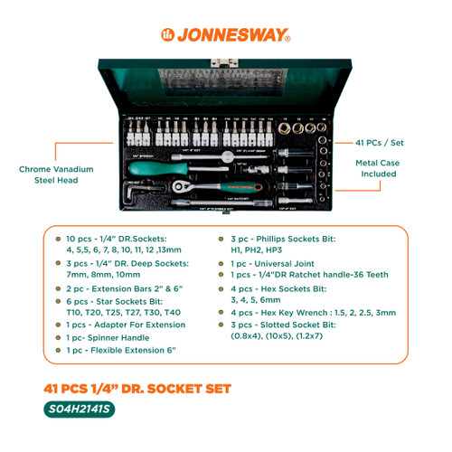 Jonnesway 41 Pcs Dr. Socket Set 14 - S04H2141S