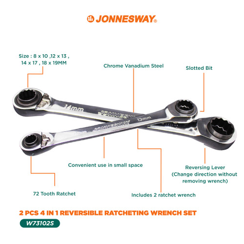 Jonnesway 2 Pcs Kunci Ring Pas Set Reversible Rachet 4 In 1 - W73102S