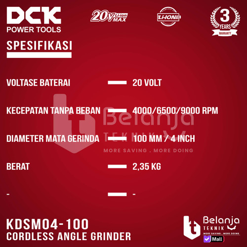 Mesin Gerinda Tangan Baterai DCK KDSM04-100 Angle Grinder Cordless 4 Inch Set 1 Baterai  KDSM 04-100