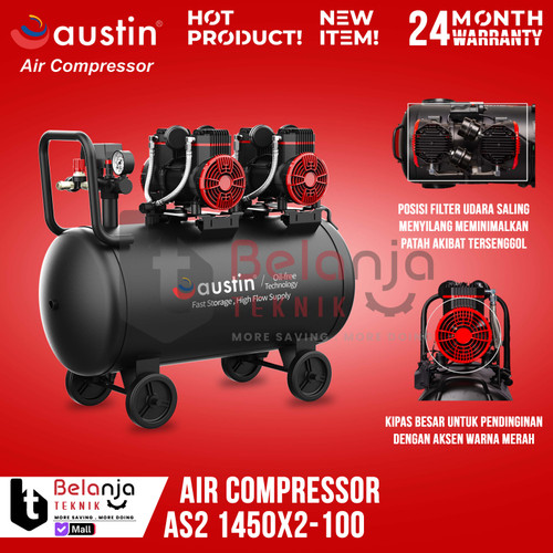 Mesin Kompresor Udara Tanpa Oli Austin AS2 1450X2-100 Air Compressor Oilless 100 L