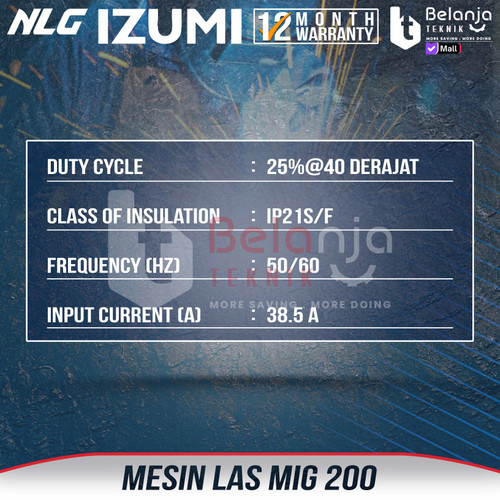 Mesin Travo Trafo Las Co2 Izumi MIG 200 MMA TIG Tanpa Gas Welding Machine 200 A Besi / Stainless