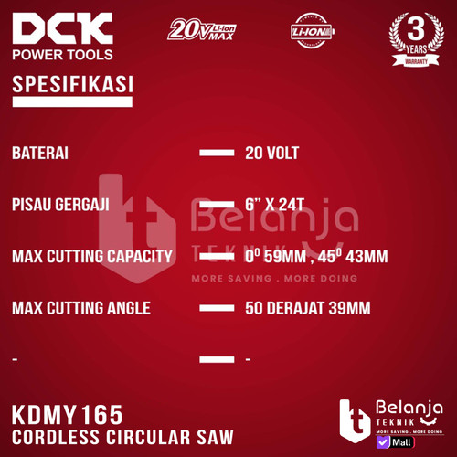 Mesin Potong Kayu Baterai DCK KDMY165Z Circular Saw Cordless 6 Inch Sirkel Kayu KDMY 165 Z KDMY165 6" 6 In Unit Only