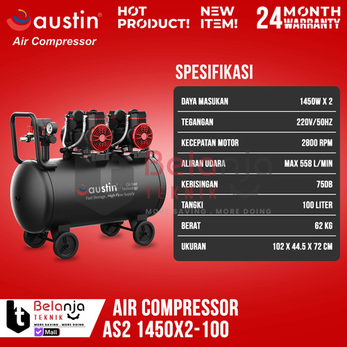 Mesin Kompresor Udara Tanpa Oli Austin AS2 1450X2-100 Air Compressor Oilless 100 L