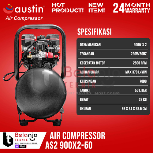 Mesin Kompresor Udara Tanpa Oli Austin AS2 900X2-50 Air Compressor Oilless 50 L